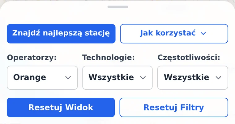 Panel filtrów na mapie: listy Operatorzy, Technologie i Częstotliwości oraz przyciski Resetuj widok i Resetuj filtry
